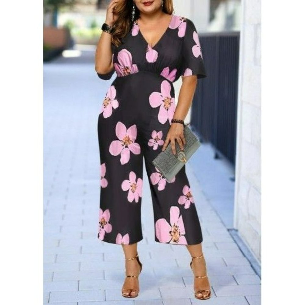 Black/pink blossoms one piece Jumpsuit Size 0X fits size Large - Picture 1 of 7